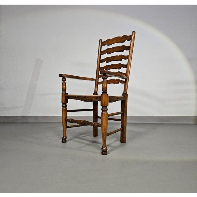 Wood Rustic Oak Farmhouse Ladderback Dining Chairs with Rush Seats, 1960s, Set of 4 For Sale - Image 7 of 18
