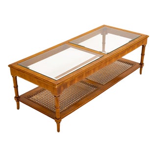 Vintage 1960s Cane and Faux Bamboo Glass Top Coffee Table For Sale