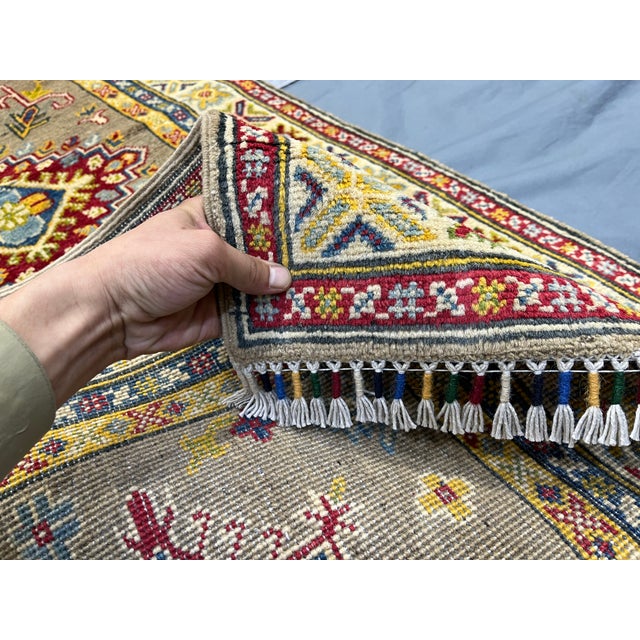 Extra-Long Olive Gold Kazak-Style Wool Runner Rug With Geometric ...