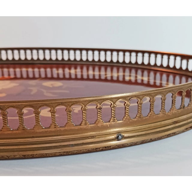 Mid 20th Century Italian Marquetry Wood Inlay Oval Serving Tray With Brass Gallery Rail & Handles For Sale - Image 4 of 8