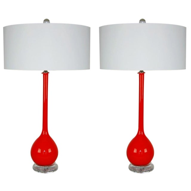 Vintage Murano Long Neck Red Orange Lamps For Sale - Image 9 of 11