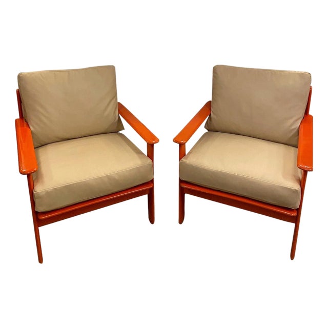Orange Lacquer and Buff Leather Armchairs, Scandinavia, 1970's - A Pair For Sale