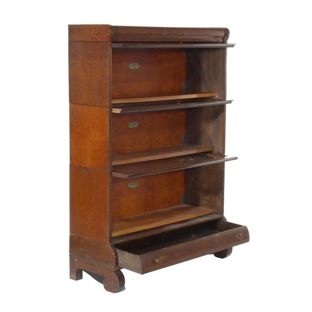 Brown Arts & Crafts Lundstrom Oak 3-Stack Barrister Bookcase With Drawer C1910 For Sale - Image 8 of 9