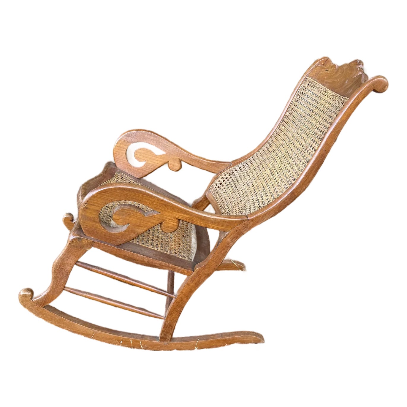 Late 19th Century Cane Back Tiger Maple Rocking Chair | Chairish