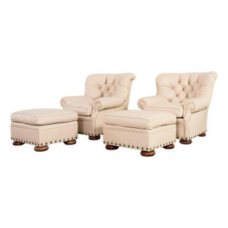 Pair of Ralph Lauren Style Leather Writer's Chairs + Ottomans For Sale