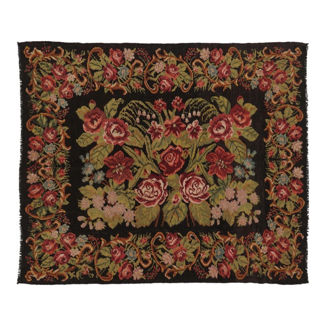 Vintage Bessarabian Kilim, Grand Rose Floral Bouquets Over Black - Rug & Kilim For Sale