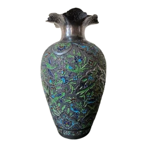 Antique Silver Enamel Persian Green and Blue Bird Fluted Top Vase