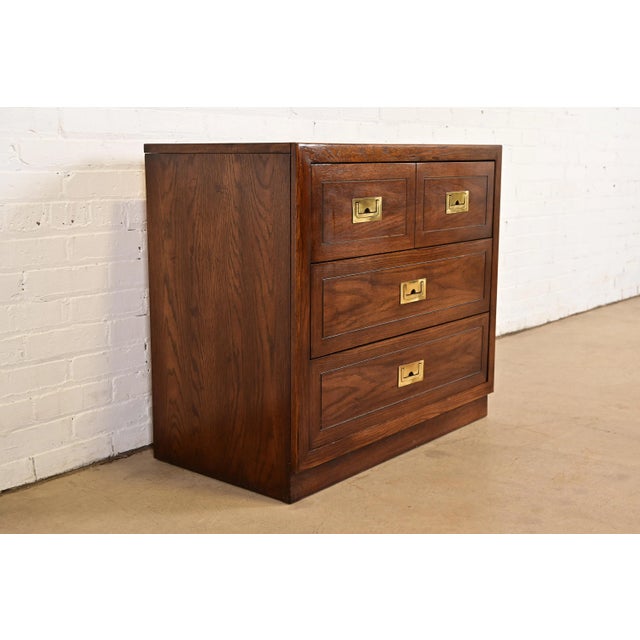 Dixie Furniture Co. Henredon Style Mid-Century Modern Campaign Oak Bachelor Chest, Circa 1970s For Sale - Image 4 of 15