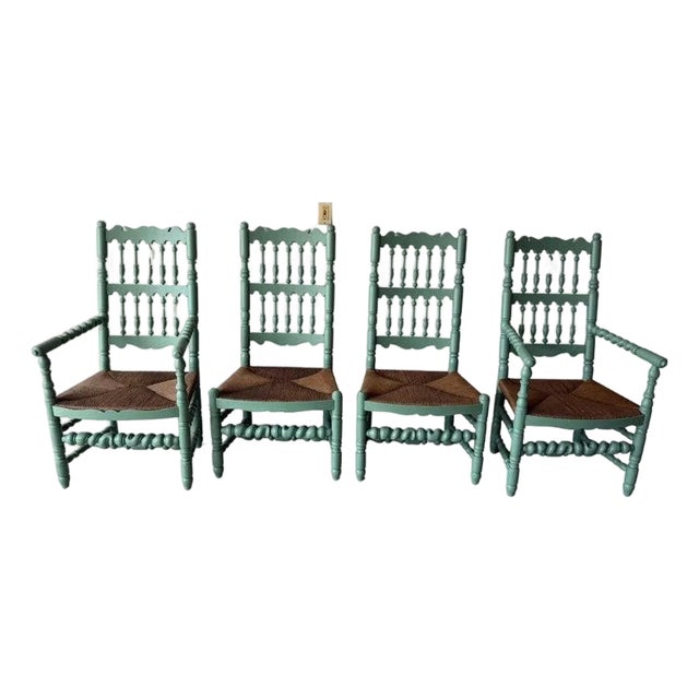 1930s Set of Four Charles Pollock Rush Seat Chairs For Sale