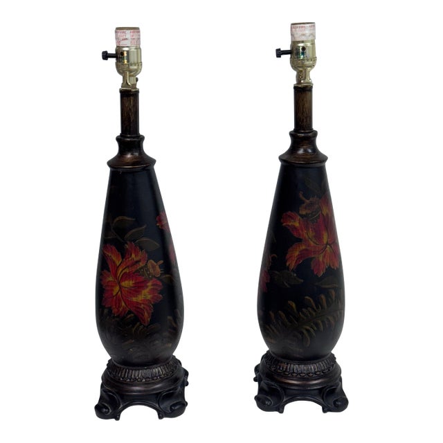 Circa 1990's Chinoiserie Hand Painted Floral Table Lamps, Pair For Sale
