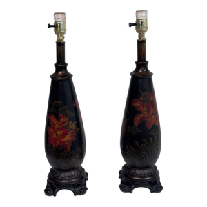 Circa 1990's Chinoiserie Hand Painted Floral Table Lamps, Pair