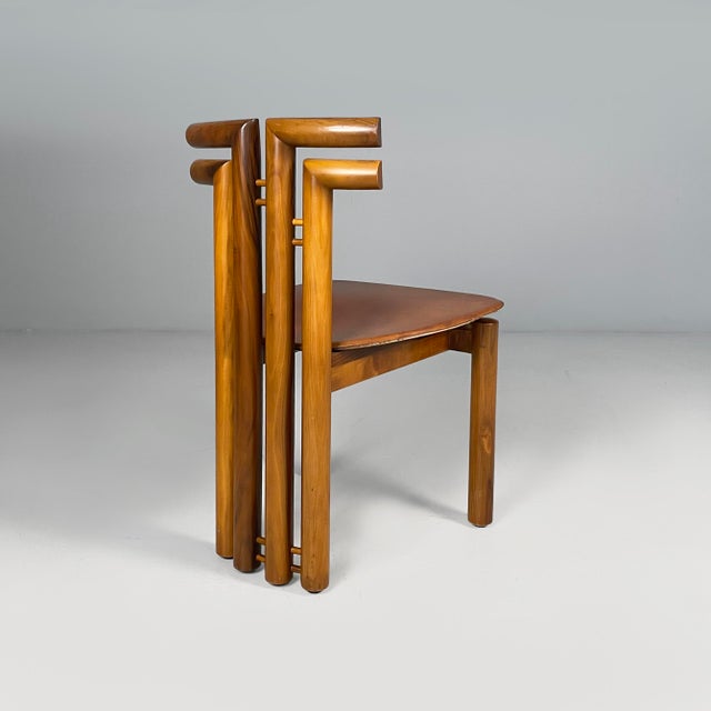 Italian Modern Wood and Brown Leather Chairs by Mobilgirgi, 1970s, Set of 6 For Sale - Image 4 of 18