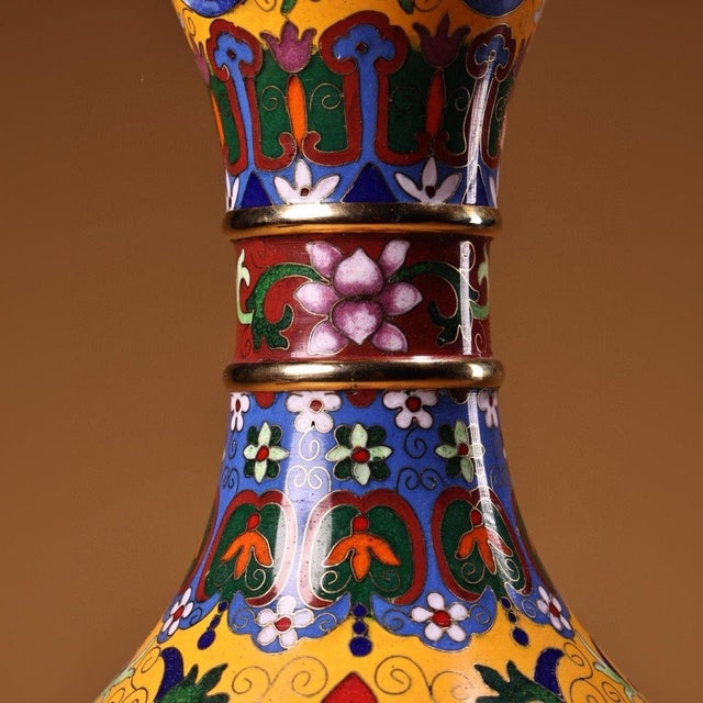 Chinese Vintage Chinese Gilt Copper Cloisonné "Garlic-Mouth" Floral Vase - 1360g For Sale - Image 3 of 10