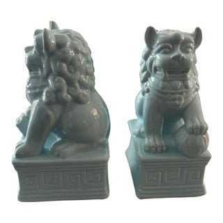 Pale Blue Chinoiserie Foo Dogs- A Pair For Sale