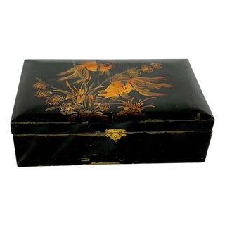 Vintage Black Lacquered Wooden Jewelry Box With Hand-Painted Koi Fish For Sale