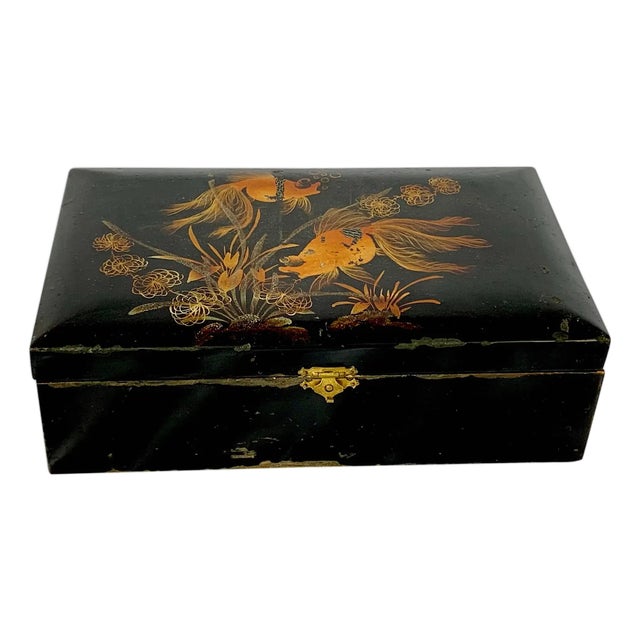Vintage Black Lacquered Wooden Jewelry Box With Hand-Painted Koi Fish For Sale