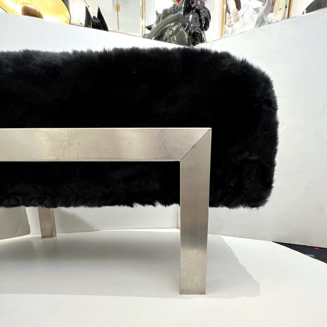 1970s Italian Vintage Black Faux Fur Steel Bed Stool Bench For Sale - Image 10 of 13