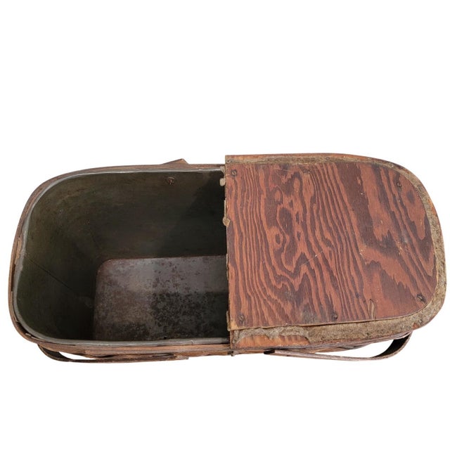 Brown Antique Wooden Picnic Refrigerator Basket Hawkeye Style With Tin Inserts For Sale - Image 8 of 9