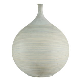 Large Artisan Unglazed Ceramic Vase with Pale Blue White Ribbed Finish For Sale