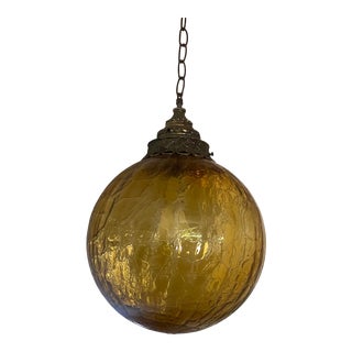 Mid-Century Large Murano Amber Crackle Glass Pendant Light For Sale