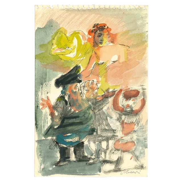 Mino Maccari, Dreamy Woman, Watercolor, 1950s For Sale