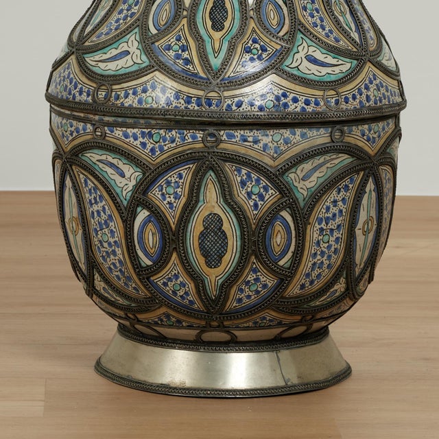 Pair of Vintage Moroccan Terra Cotta and Metal Lidded Urns For Sale - Image 4 of 16
