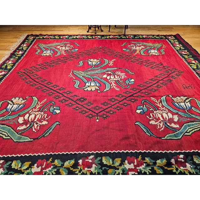 Vintage Turkish Bessarabian Kilim, Handwoven Wool, Floral Pattern, Red & Black, 11x13 For Sale - Image 13 of 13