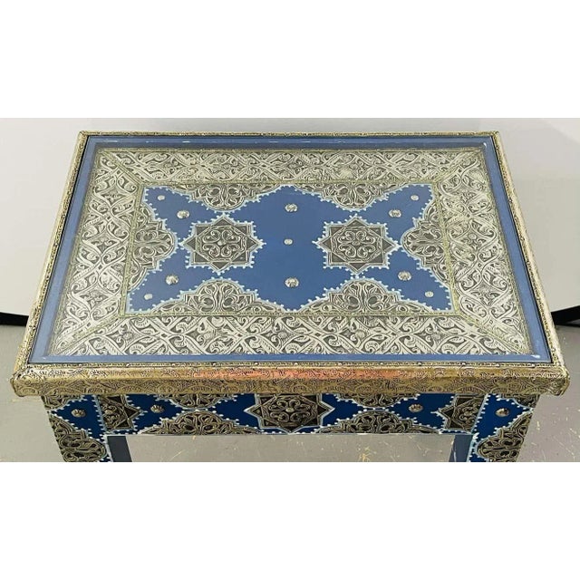 Boho Chic Style Moroccan Blue & Silver Rectangular Side or End Table, Pair For Sale In New York - Image 6 of 13