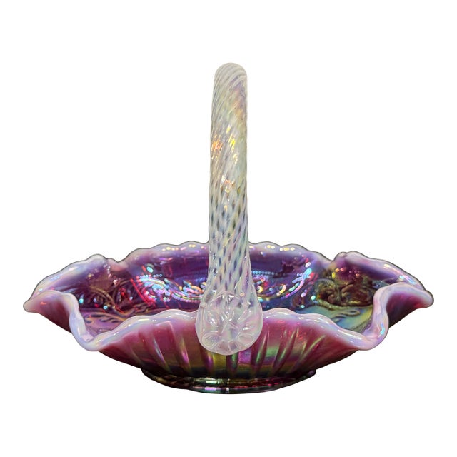 1990s Handmade Fenton Plum Opalescent Art Glass Basket With Iridescent Finish For Sale