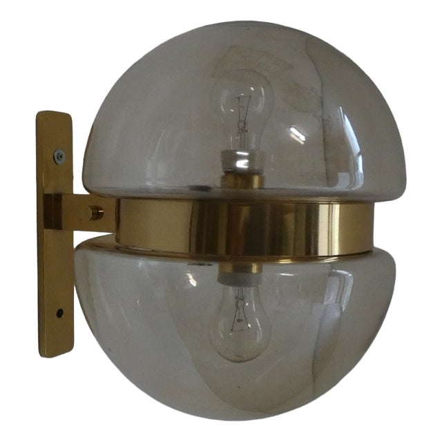 Double-Cap Wall Light in Amber Glass and Brass from Peill & Putzler, Germany, 1960s For Sale