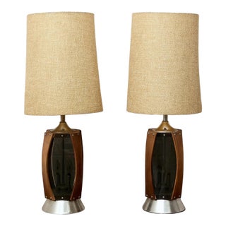 Vintage Mid-Century Table Lamps Featuring Sculptural Wood Frame - a Pair For Sale