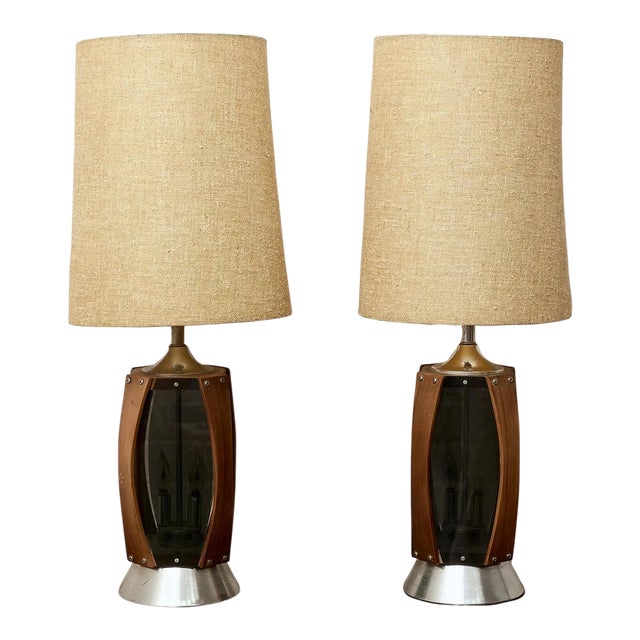 Vintage Mid-Century Table Lamps Featuring Sculptural Wood Frame - a Pair For Sale