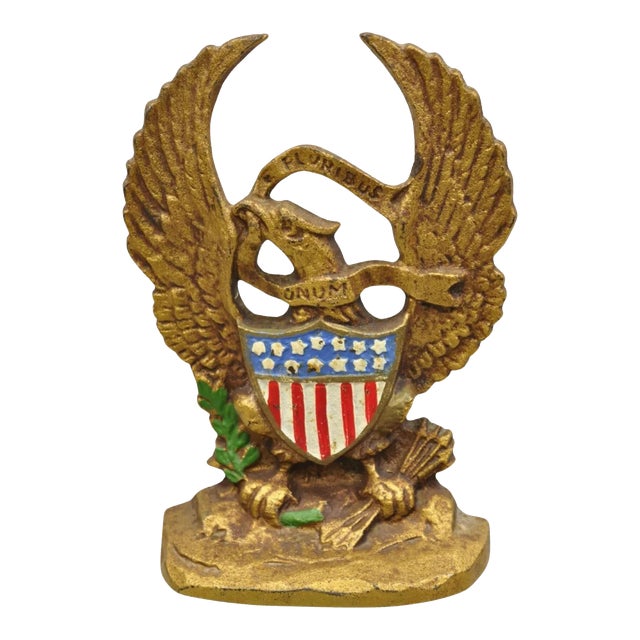 Antique Patriotic Cast Iron Figural Gold American Flag & Eagle Painted Door Stop For Sale