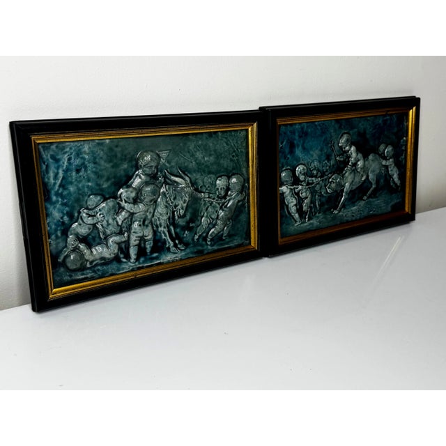 1900 - 1909 Pair Arts & Crafts Ceramic Relief Plaques Children With Goat & Children With Satyr & Dog c.1909 Attributed to Reginald Robert Tomlinson For Sale - Image 5 of 18