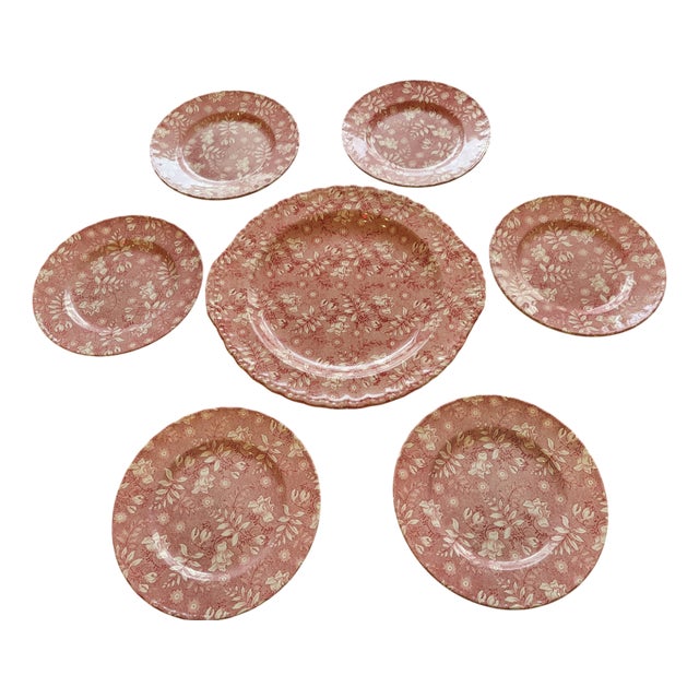 Grindley of Stoke Royal Tudor Velvet Rose England Earthenware Dessert Service, 1980s, Set of 7 For Sale