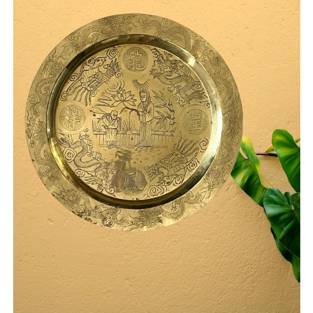 Vintage Guanyin Goddess of Mercy Solid Brass Round Tray With Engravings, Wall Hanging or Table Top For Sale In Tampa - Image 6 of 7