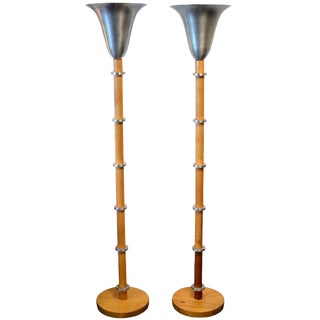 Art Deco Brushed Aluminum Torchere Lamps in the Style of Russel Wright For Sale
