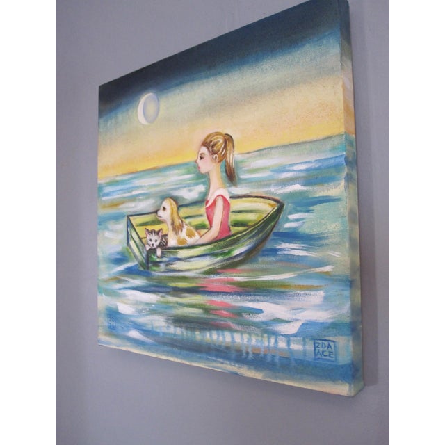 Figurative Bon Voyage by Zoa Ace | Oil on canvas Girl in a boat with a dog and cat under the moon. For Sale - Image 3 of 5