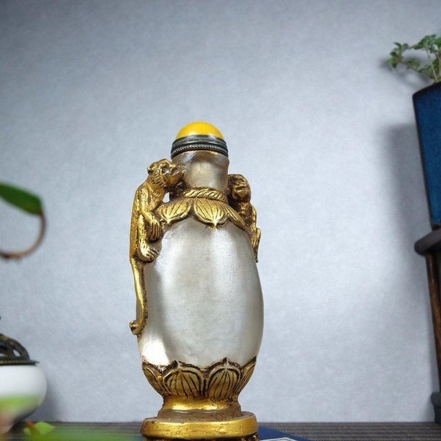 Asian Vintage Gilt Glass Snuff Bottle With Monkey Motif and Stand For Sale - Image 3 of 9