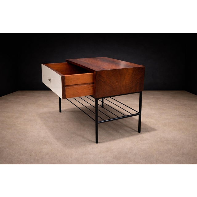 Wood Phone Bench in Rosewood, Fabric & Metal, Geraldo De Barros, 1950s For Sale - Image 7 of 12