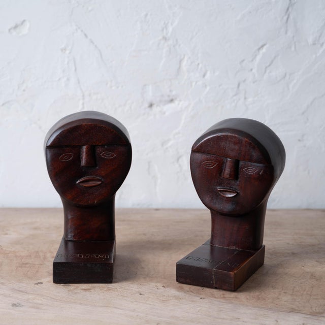 Brown Pair of Carved Wood Haitian Modernist Bookends, C. 1960 For Sale - Image 8 of 12