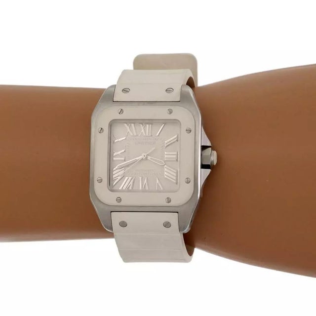 1990s Cartier Santos 100 Automatic Steel White Rubber Band Midsize Watch 2878 For Sale - Image 5 of 5