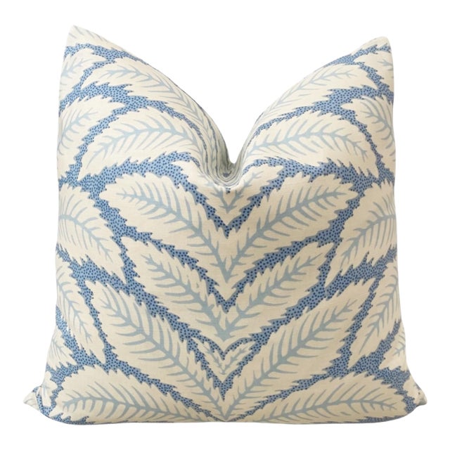 Blue and White Leaf Pattern 22" Down Pillow For Sale