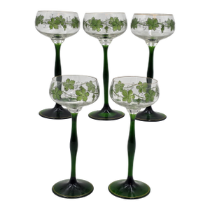 Set of 5 Theresienthal Enameled Hock Stemware Wine Glass With Grapes & Leaves Circa 1920