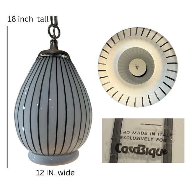 Vintage Murano Striscia Art Glass White Oval Pendant Light With Black Stripes For Sale - Image 18 of 18