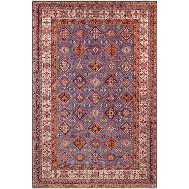 Shabby Chic Tribal Super Kazak Blue/Beige Wool Rug - 9'0'' X 12'1'' For Sale - Image 9 of 10