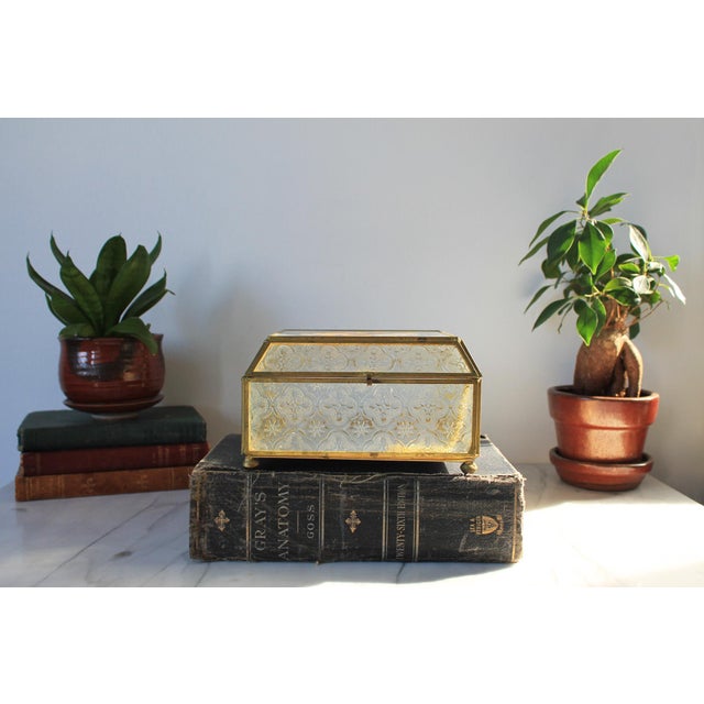 Art Nouveau Vintage Brass and Glass Trinket Box W/ Floral Motif For Sale - Image 3 of 11