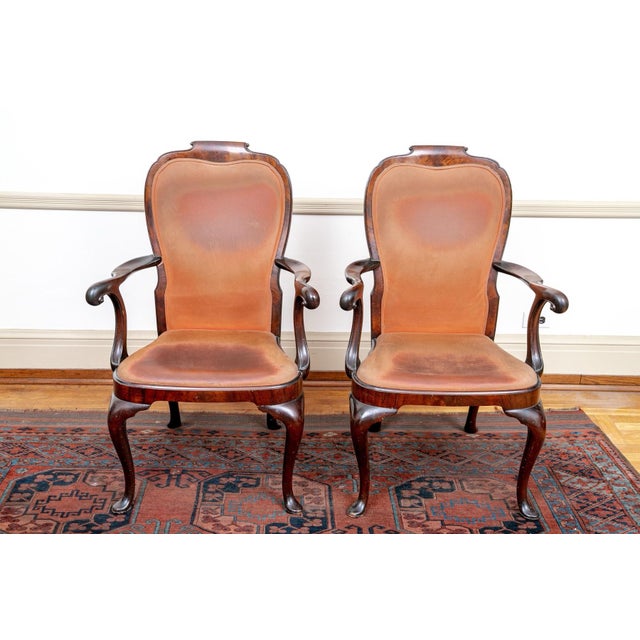 19th century Balloon seats on cabriole legs ending on pad feet with shepherds crook arms.