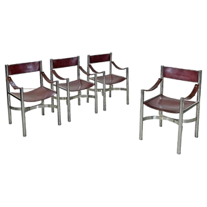 Italian Modern Brown Leather Chairs with Chromed Steel Structure, 1970s, Set of 4