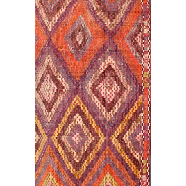 Textile Mid 20th Century Hand Woven Vintage Turkish Embroidered Kilim Rug in Vivid Colors of Purple and Orange For Sale - Image 7 of 13